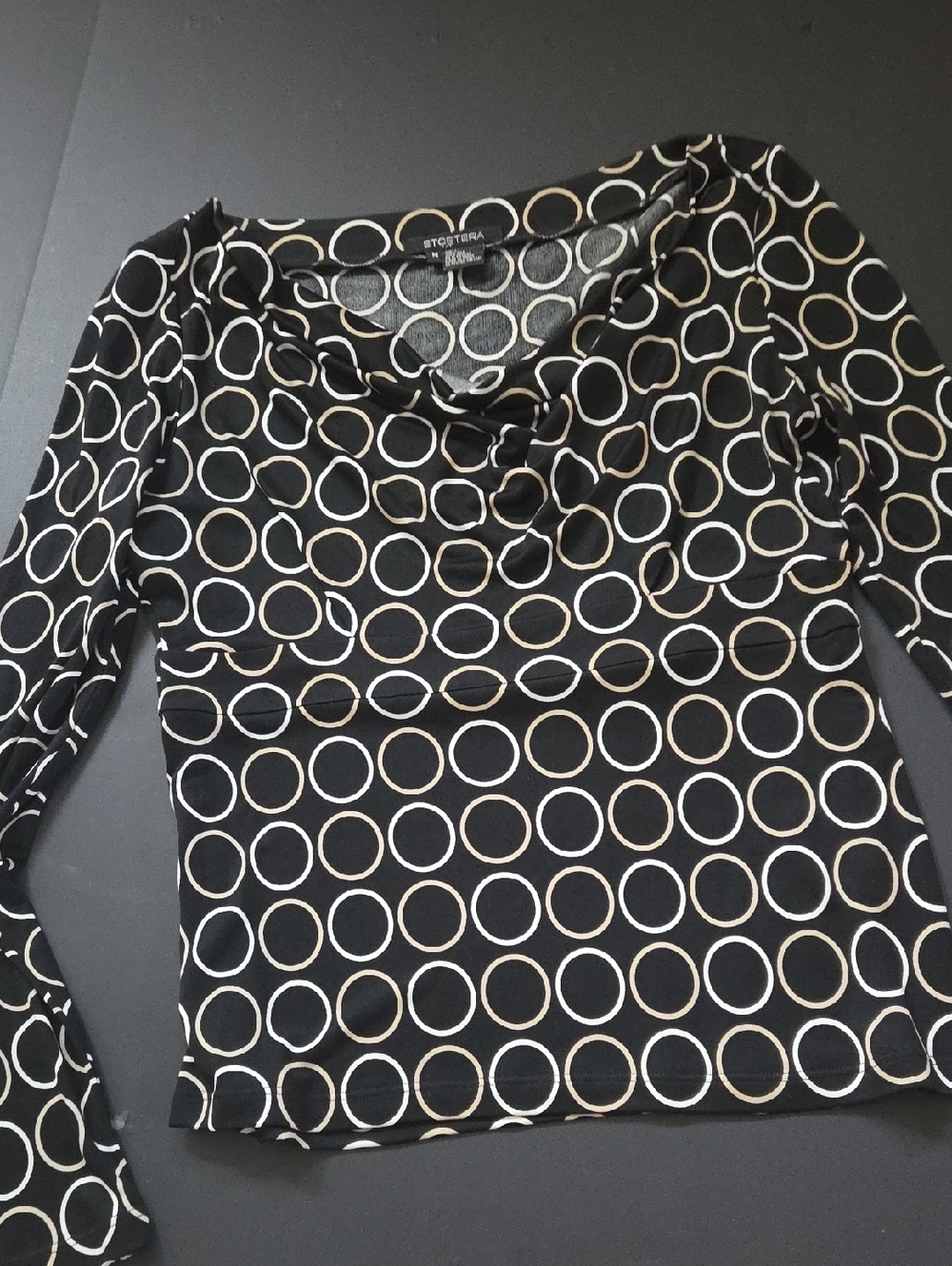 ETCETERA Black Long-Sleeve Cowl Neck Top with White and Tan Circle Print